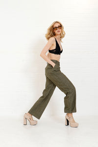 Wide-Leg Wool Blend Trousers - Olive